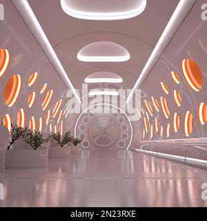 3D-Darstellung eines hellen und hellen Korridors auf einem Ischifi-Raumschiff Stockfoto