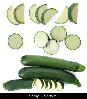 Set frischer reifer Zucchinis auf weißem Hintergrund, Draufsicht Stockfoto