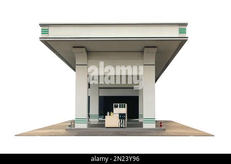 Moderne Tankstelle auf weißem Hintergrund, außen Stockfoto