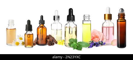 Set verschiedener ätherischer Öle, die in der Aromatherapie auf weißem Hintergrund verwendet werden, Bannerdesign Stockfoto