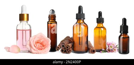 Set verschiedener ätherischer Öle, die in der Aromatherapie auf weißem Hintergrund verwendet werden, Bannerdesign Stockfoto