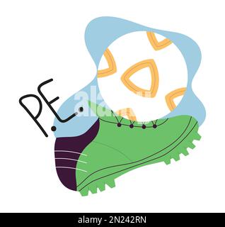 Ikonenvektor des Sportunterrichts im Doodle-Stil. Fußball, Sneaker sind handgezeichnet. Das ist ein Beispiel für die Rückkehr in die Schule. Stock Vektor