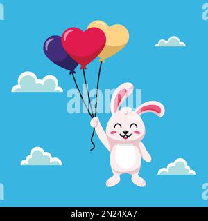 Flache Illustration von Bunny mit den Love-Ballons. Valentinstag-Vektorabbildung. Stock Vektor