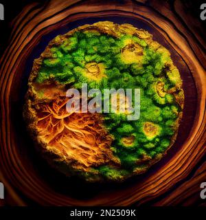 Burlholzoberfläche mit abstraktem Mooshintergrund. Ziertafelaufnahme aus Holz, detaillierte Holzstruktur. Natürliches Holz mit abstraktem Muster aus grünem Moos. Stockfoto