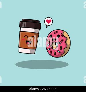 Doodle Cartoon mit Kaffeetasse und Donut. Liebespaar Vector Illustration Design. Stock Vektor