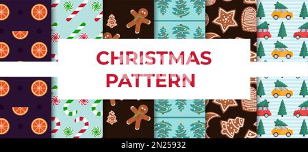 Große Sammlung Von Weihnachtsmustern Vektorgrafik In Flachem Stil Stock Vektor