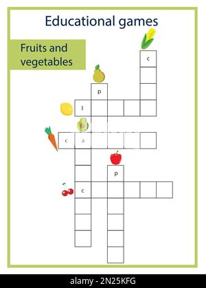 Pädagogische Spiele für Kinder. Kreuzworträtsel zum Thema Obst und Gemüse, Illustration Stockfoto