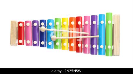 Farbenfrohes Spielzeug Xylophon isoliert auf weiß, Draufsicht Stockfoto