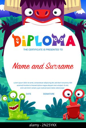 Kinder Diplom Cartoon Monster Charaktere. Vektortrophäe für die Schule als Sieger, Erstplatzierung oder Abschlussgeschenk. Kindergartenzertifikat oder Rahmenvorlage für Auszeichnungen mit Kawaii-Bestien Stock Vektor