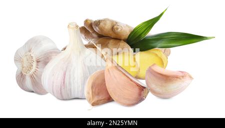 Ingwerwurzel und Knoblauch auf weißem Hintergrund Stockfoto