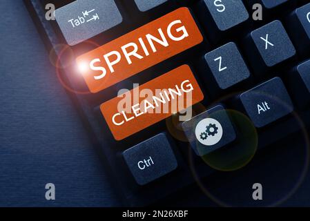 Textbeschriftung für Frühjahrsputz. Betriebswirtschaftliche Ubersichtspraxis einer gründlichen Hausreinigung im Frühling Stockfoto