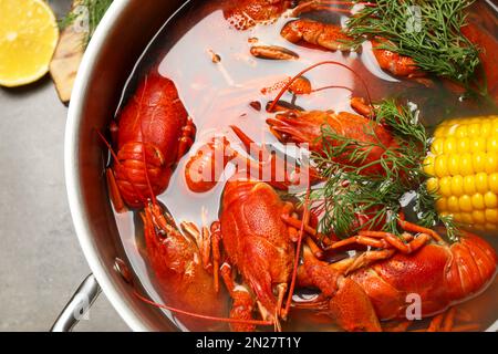 Frische köstliche Flusskrebse im Topf auf grauem Tisch, Draufsicht Stockfoto