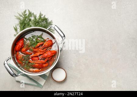 Frische köstliche Flusskrebse im Topf auf hellgrauem Tisch, flach liegend. Platz für Text Stockfoto