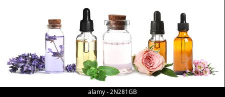 Set verschiedener ätherischer Öle, die in der Aromatherapie auf weißem Hintergrund verwendet werden, Bannerdesign Stockfoto