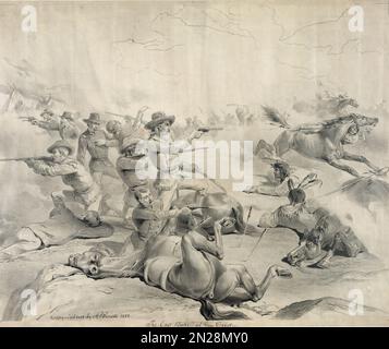 Eine Illustration von Custers letztem Stand. Ein Porträt von General George Custer, der bei der Schlacht von Little Bighorn während des Großen Sioux-Krieges von 1876 von den Stämmen Lakota Sioux, Northern Cheyenne und Arapaho getötet wurde und seine gesamte Truppe getötet hat. Stockfoto