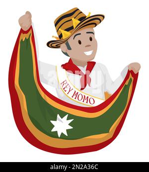 Happy Momo King trägt weiße Kleidung, Schärpe und Sombrero vueltiao, während er die Flagge der Barranquilla hält. Stock Vektor