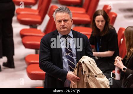 New York, New York, USA. 6. Februar 2023. Botschafter Sergiy Kyslytsya aus der Ukraine nimmt an der Sitzung des Sicherheitsrats zur Wahrung des Friedens und der Sicherheit in der Ukraine am UN-Hauptquartier Teil (Kreditbild: © Lev Radin/Pacific Press via ZUMA Press Wire), NUR REDAKTIONELLE VERWENDUNG! Nicht für den kommerziellen GEBRAUCH! Stockfoto