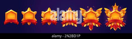 Goldene Sechseckrahmen von Avataren. Fantasy Ranking Abzeichen mit goldenen Rändern, Lorbeer- und Banddekoration, Edelsteine, Krone und roter Wimpel, Vektor C. Stock Vektor