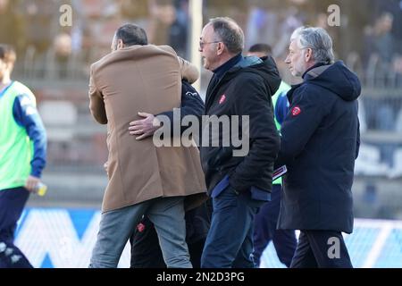 Renato Curi Stadion, Perugia, Italien, 04. Februar 2023, castori fabrizio (Coach perugia calcio) massimiliano santopadre (presidente perugia calcio) d Stockfoto