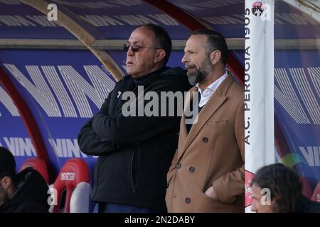 Renato Curi Stadion, Perugia, Italien, 04. Februar 2023, massimiliano santopadre (presidente perugia calcio) castagnini renzo (ds perugia calcio) duri Stockfoto