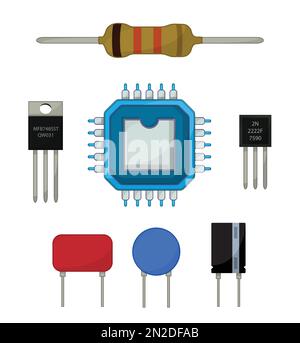 Symbolsatz für Elektronikkomponenten, Zeichentricksatz mit Widerstand, IC, Transistor, Kondensator und Spannungsregler. Stock Vektor