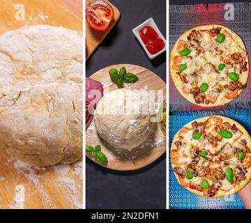Verschiedene Pizza mit verschiedenen Belägen leckere frische Pizza. Leckere Pizza, Collage, Banner. Produktionsprozess Stockfoto