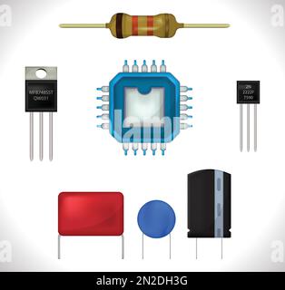 Symbolsatz für Elektronikkomponenten, realistischer Zeichentricksatz aus Widerstand, IC, Transistor, Kondensator und Spannungsregler. Stock Vektor