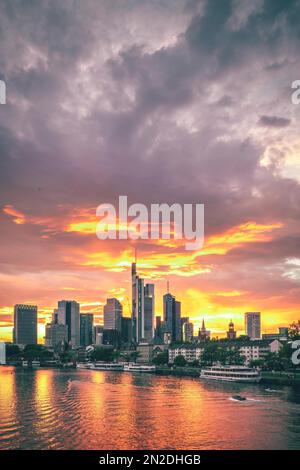 Blick über den Main bis zur Skyline von Frankfurt am Main bei Sonnenuntergang, abends, Sonnenuntergang mit Hintergrundbeleuchtung, Hessen, Deutschland Stockfoto
