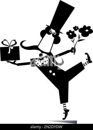 Mann mit Hut, Blumen und eine Geschenkbox. Cartoon-Mann im Hut mit erhobenen Händen, mit Blumen und einer Geschenkbox. Schwarz auf weißem Hintergrund Stock Vektor