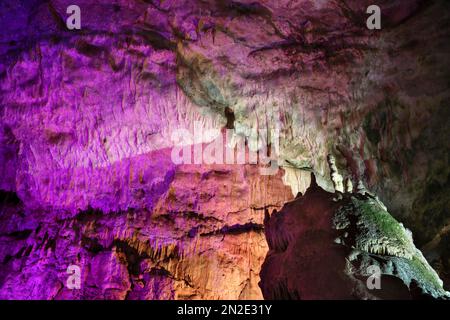 Baerenhoehle, Karlshoehle, Erpfinger Hoehle, Stalaktitenhöhle, weißer Jurassic Kalkstein, farbiges Licht, Sonnenbühl-Erpfingen Stockfoto