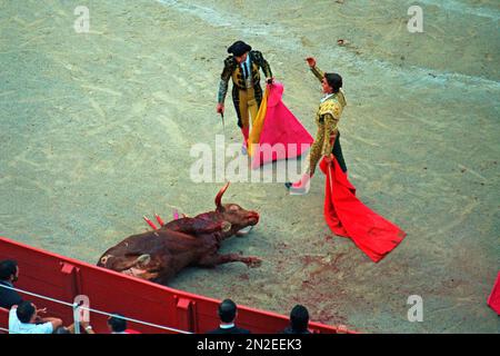 Matador winkte, nachdem er den Stier erstochen hatte, Stierkampf, Plaza de Toros Monumental, 01. 09. 1991, Barcelona, Spanien Stockfoto