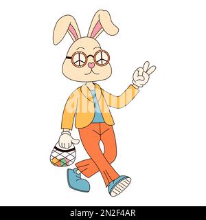 Toller Hippie Happy Ostern-Charakter. Osterhase im modischen Retro-60s 70s-Cartoon-Stil. Stock Vektor