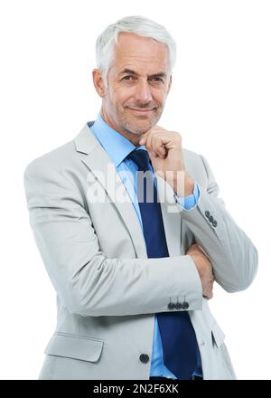 Die Kunden vertrauen ihm. Studio-Porträt eines gutaussehenden Geschäftsmannes mit seiner Hand am Kinn isoliert auf Weiß. Stockfoto