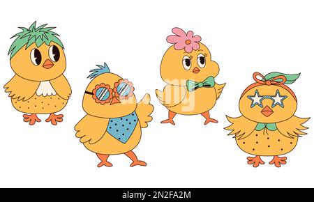 Toller Hippie Happy Ostern-Charaktere. Set aus Osterküken im modischen Retro-60s 70s-Cartoon-Stil. Stock Vektor