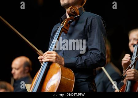 Sie hat Talent. Ein Musiker bei einem Orchesterkonzert. Stockfoto