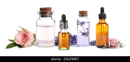 Set verschiedener ätherischer Öle, die in der Aromatherapie auf weißem Hintergrund verwendet werden, Bannerdesign Stockfoto