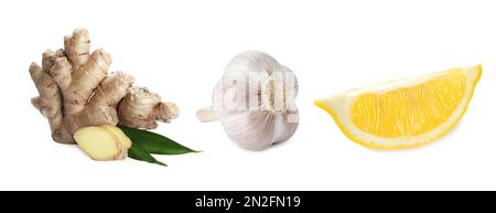 Ingwerwurzel, Knoblauch und Zitrone auf weißem Hintergrund. Bannerdesign Stockfoto