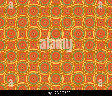 FARBENFROHES, NAHTLOSES MANDALAS MUSTER, SATRANGI-ORNAMENTE, BLUMENDESIGN, NAHTLOSER HINTERGRUND MIT MUSTER, MEHRFARBIGES RUNDES MANDALA-VEKTOR-DESIGN SATRANFG Stockfoto