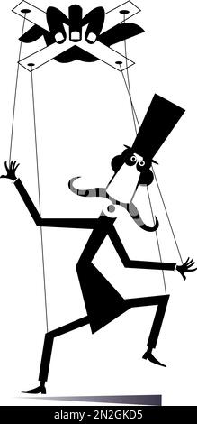 Marionetten-Männer-Konzeptdarstellung. Der Mann mit langem Schnurrbart im Hut wird durch Schnüre wie Puppenschwarz auf Weiß gesteuert Stock Vektor