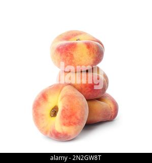 Frische reife Donut-Pfirsiche auf weißem Hintergrund Stockfoto