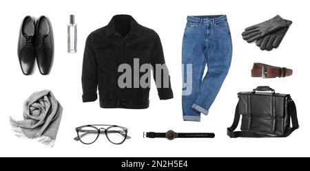 Stylisches Herrenkostüm. Collage mit moderner Kleidung, Handschuhen und anderen Accessoires auf weißem Hintergrund, Bannerdesign Stockfoto