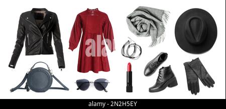 Stylisches Damenoutfit. Collage mit moderner Kleidung, Handschuhen und anderen Accessoires auf weißem Hintergrund, Bannerdesign Stockfoto