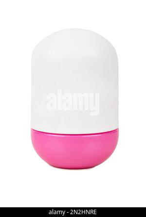 Geschlossener, leichter Kunststoffbehälter mit Deodorant und rosafarbenem Deckel auf weißem Hintergrund. Stockfoto