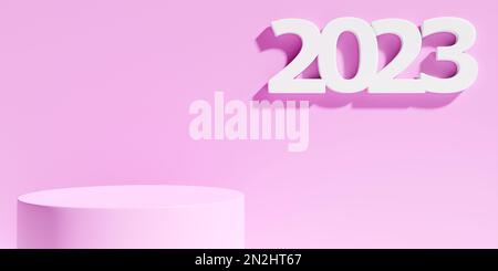 3D Abbildung eines pinkfarbenen Podiums und Aufschrift 2023. 3D-Rendering. Minimalistischer Geometriehintergrund. Abbildung des Symbols für das neue Jahr. Stockfoto