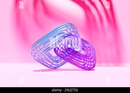 3D Abbildung eines rosa-gelben Rings, Torus. Fantastische Zelle. Einfache geometrische Formen Stockfoto