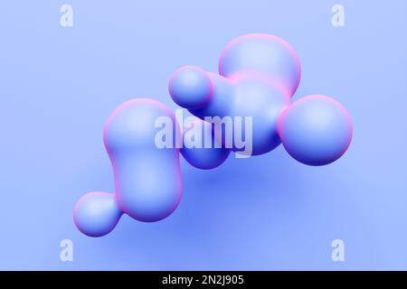 3D-Darstellung eines Puppenmetaballs mit einer großen Anzahl von Teilen auf lila Hintergrund. Digitaler Metaball-Hintergrund des Fliegens, das in jedes o überfließt Stockfoto