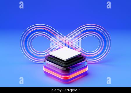 Unendliche Symbolvorlage und Podium. 3D Darstellung eines realistischen Signals der Ewigkeit mit farbigen Streifen. Bunte, wellenförmige, volumetrische acht für Logo, br Stockfoto