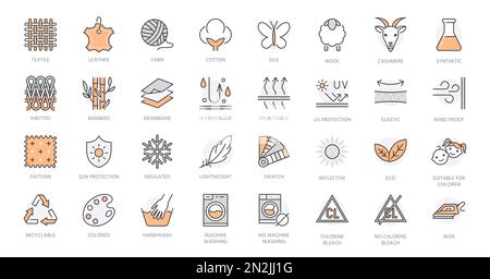 Textil-Feature-Liniensymbole eingestellt. Materialeigenschaften: Textil, Leder, Baumwolle, Seide, Wolle, Kaschmirgarn, synthetische Vektordarstellung. Umrisszeichen Stock Vektor