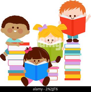 Kinder, die auf Stapeln von Büchern sitzen und lesen. Vektordarstellung Stock Vektor