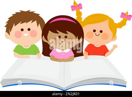 Drei glückliche Kinder, die ein Buch lesen. Vektordarstellung Stock Vektor